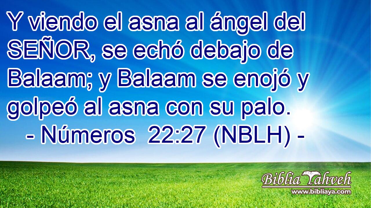  Y viendo el asna al ángel del SEÑOR, se echó debajo de Balaam; y Balaam se enojó y golpeó al asna con su palo. 