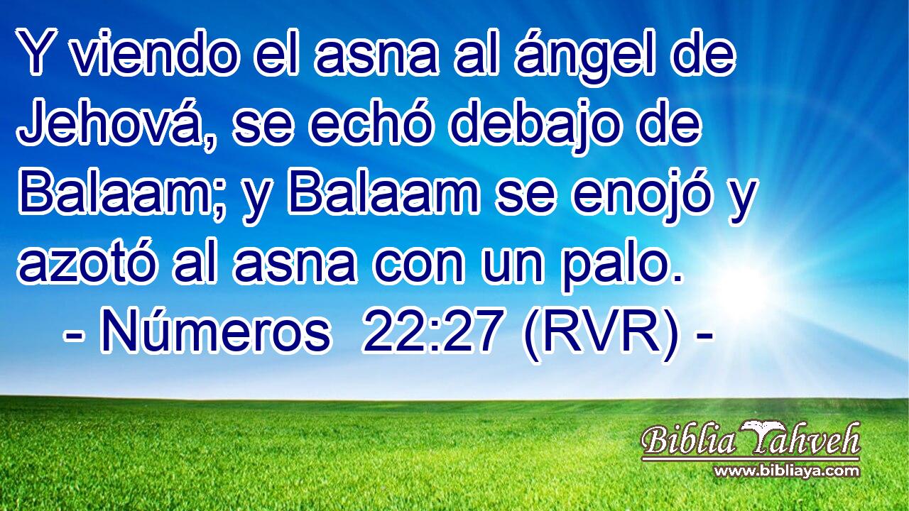 Y viendo el asna al ángel de Jehová, se echó debajo de Balaam; y Balaam se enojó y azotó al asna con un palo.