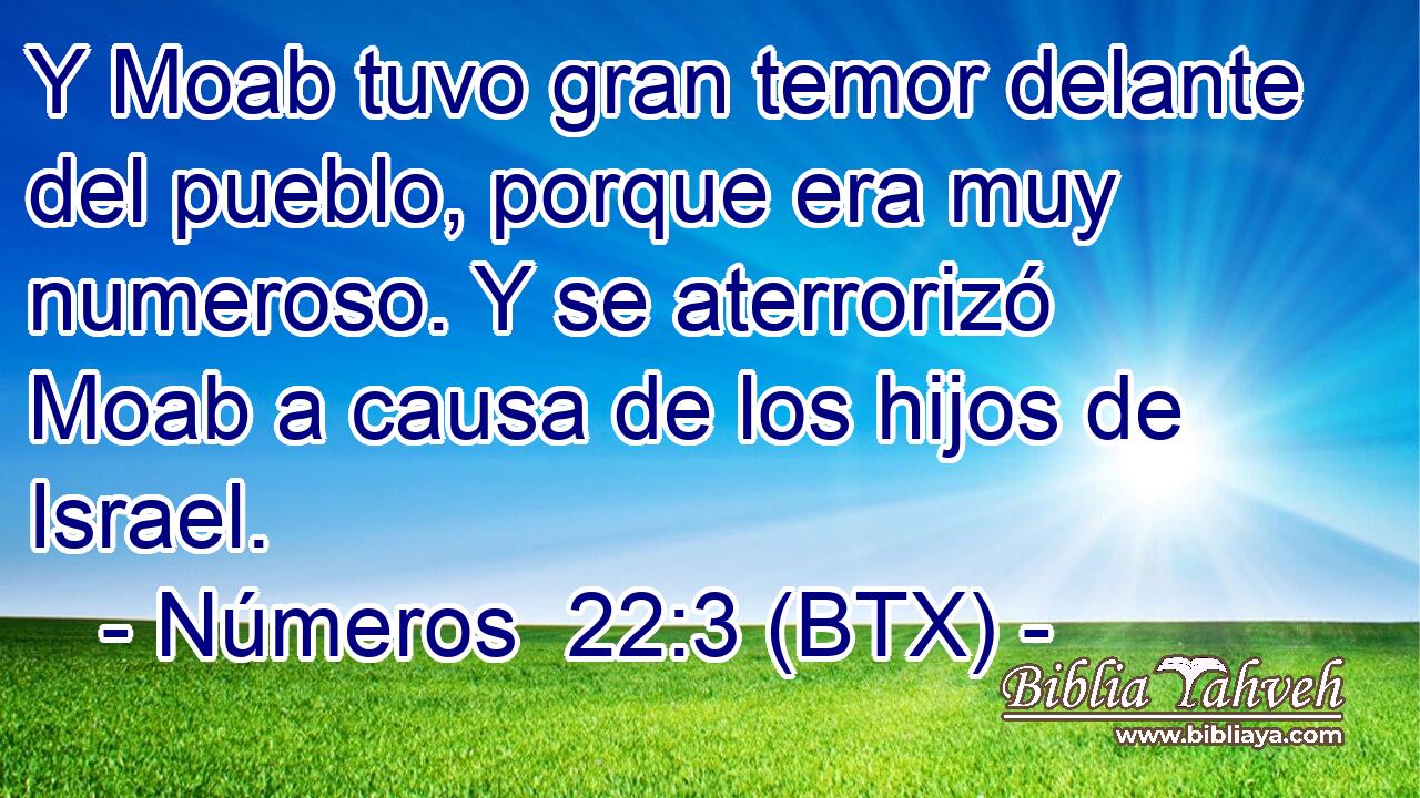 Y Moab tuvo gran temor delante del pueblo, porque era muy numeroso. Y se aterrorizó Moab a causa de los hijos de Israel.