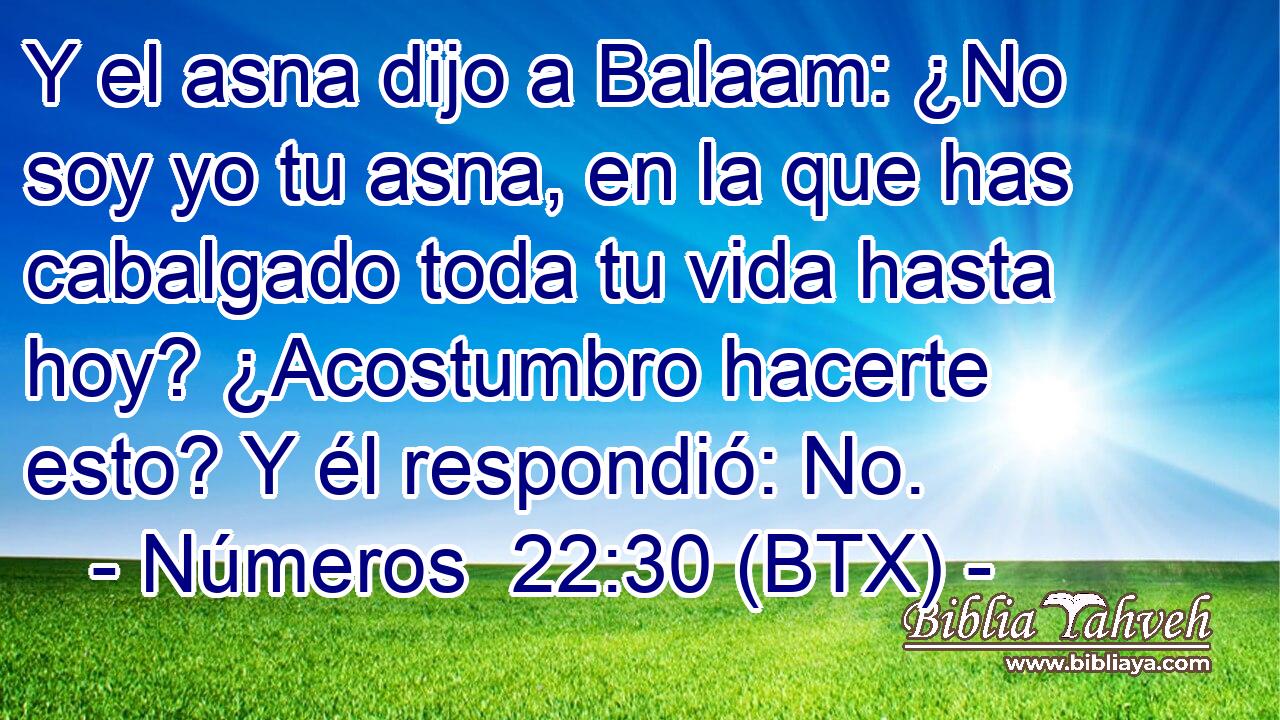 Y el asna dijo a Balaam: ¿No soy yo tu asna, en la que has cabalgado toda tu vida hasta hoy? ¿Acostumbro hacerte esto? Y él respondió: No.