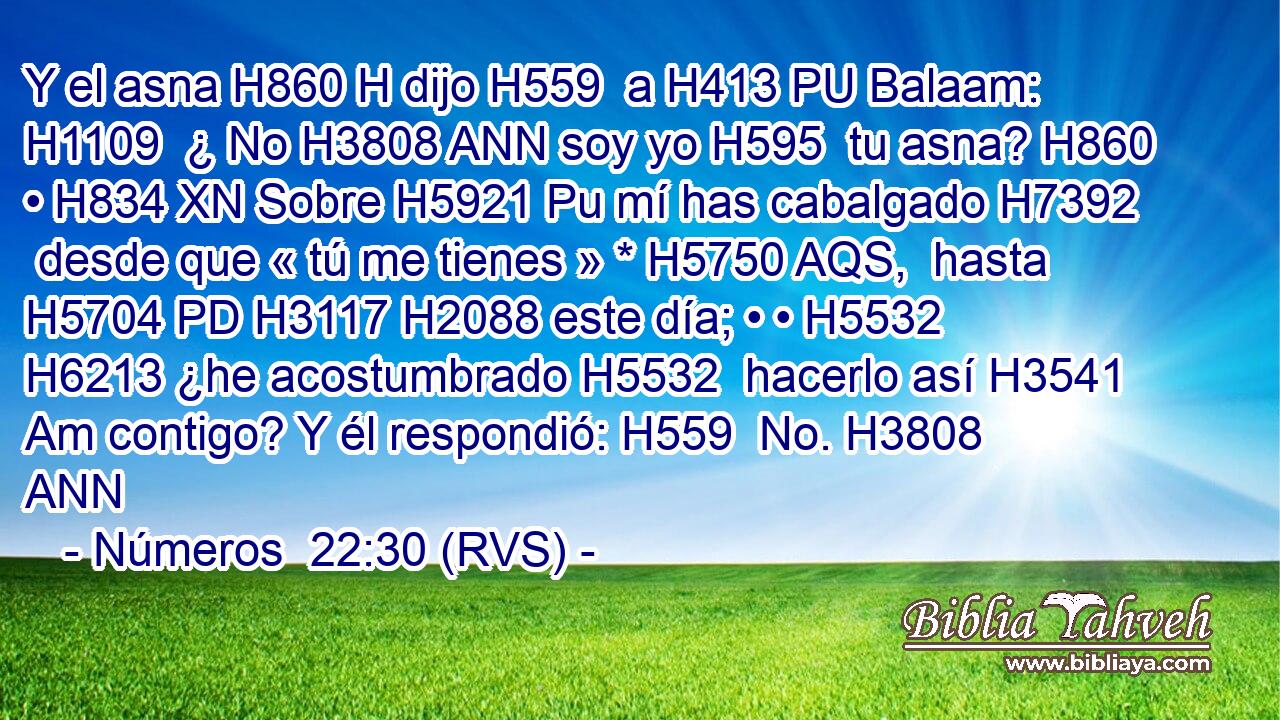 Y el asna H860 H dijo H559  a H413 PU Balaam: H1109  ¿ No H3808 ANN soy yo H595  tu asna? H860  • H834 XN Sobre H5921 Pu mí has cabalgado H7392  desde que « tú me tienes » * H5750 AQS,  hasta H5704 PD H3117 H2088 este día; • • H5532  H6213 ¿he acostumbrado H5532  hacerlo así H3541 Am contigo? Y él respondió: H559  No. H3808 ANN 