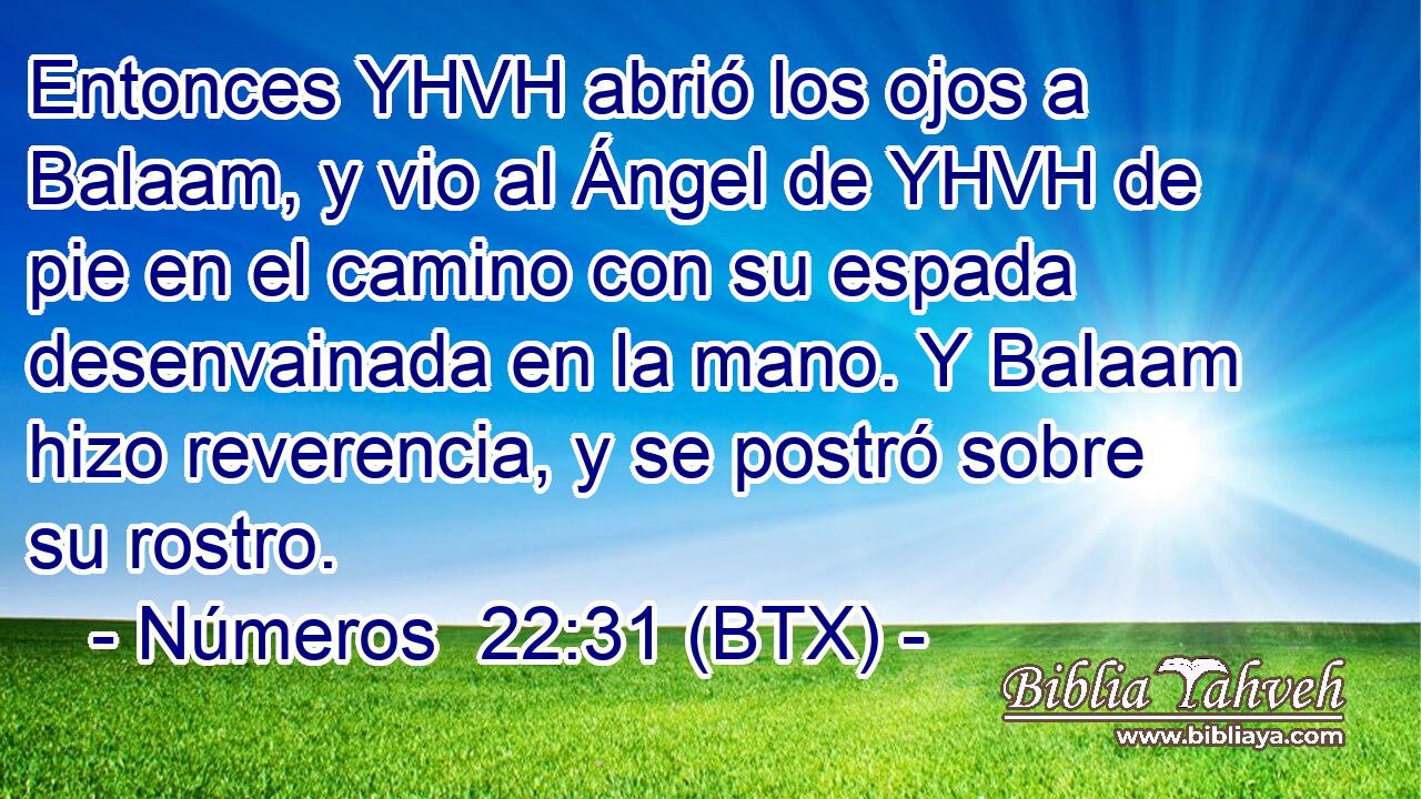 Entonces YHVH abrió los ojos a Balaam, y vio al Ángel de YHVH de pie en el camino con su espada desenvainada en la mano. Y Balaam hizo reverencia, y se postró sobre su rostro.