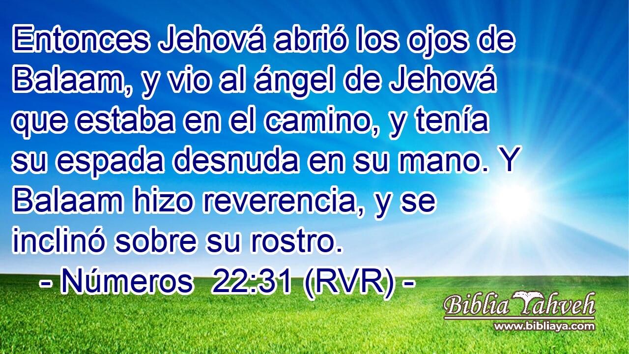 Entonces Jehová abrió los ojos de Balaam, y vio al ángel de Jehová que estaba en el camino, y tenía su espada desnuda en su mano. Y Balaam hizo reverencia, y se inclinó sobre su rostro.