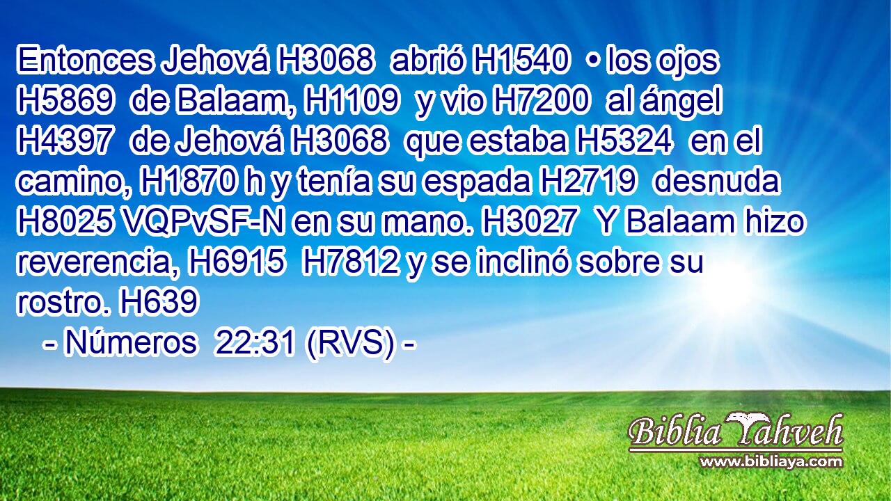 Entonces Jehová H3068  abrió H1540  • los ojos H5869  de Balaam, H1109  y vio H7200  al ángel H4397  de Jehová H3068  que estaba H5324  en el camino, H1870 h y tenía su espada H2719  desnuda H8025 VQPvSF-N en su mano. H3027  Y Balaam hizo reverencia, H6915  H7812 y se inclinó sobre su rostro. H639  