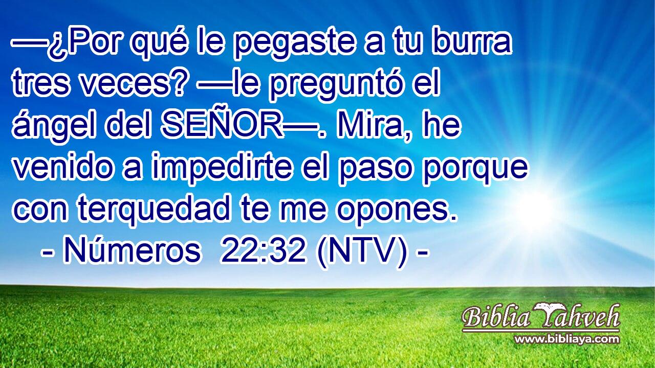 —¿Por qué le pegaste a tu burra tres veces? —le preguntó el ángel del SEÑOR—. Mira, he venido a impedirte el paso porque con terquedad te me opones.
