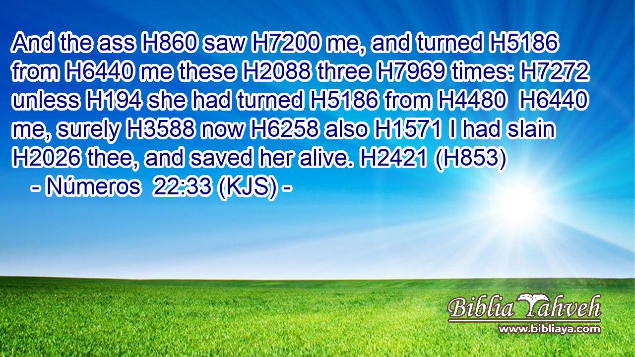 And the ass H860 saw H7200 me, and turned H5186 from H6440 me these H2088 three H7969 times: H7272 unless H194 she had turned H5186 from H4480  H6440 me, surely H3588 now H6258 also H1571 I had slain H2026 thee, and saved her alive. H2421 (H853)