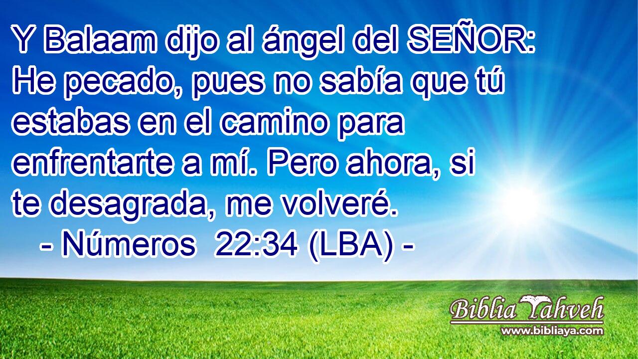 Y Balaam dijo al ángel del SEÑOR: He pecado, pues no sabía que tú estabas en el camino para enfrentarte a mí. Pero ahora, si te desagrada, me volveré.