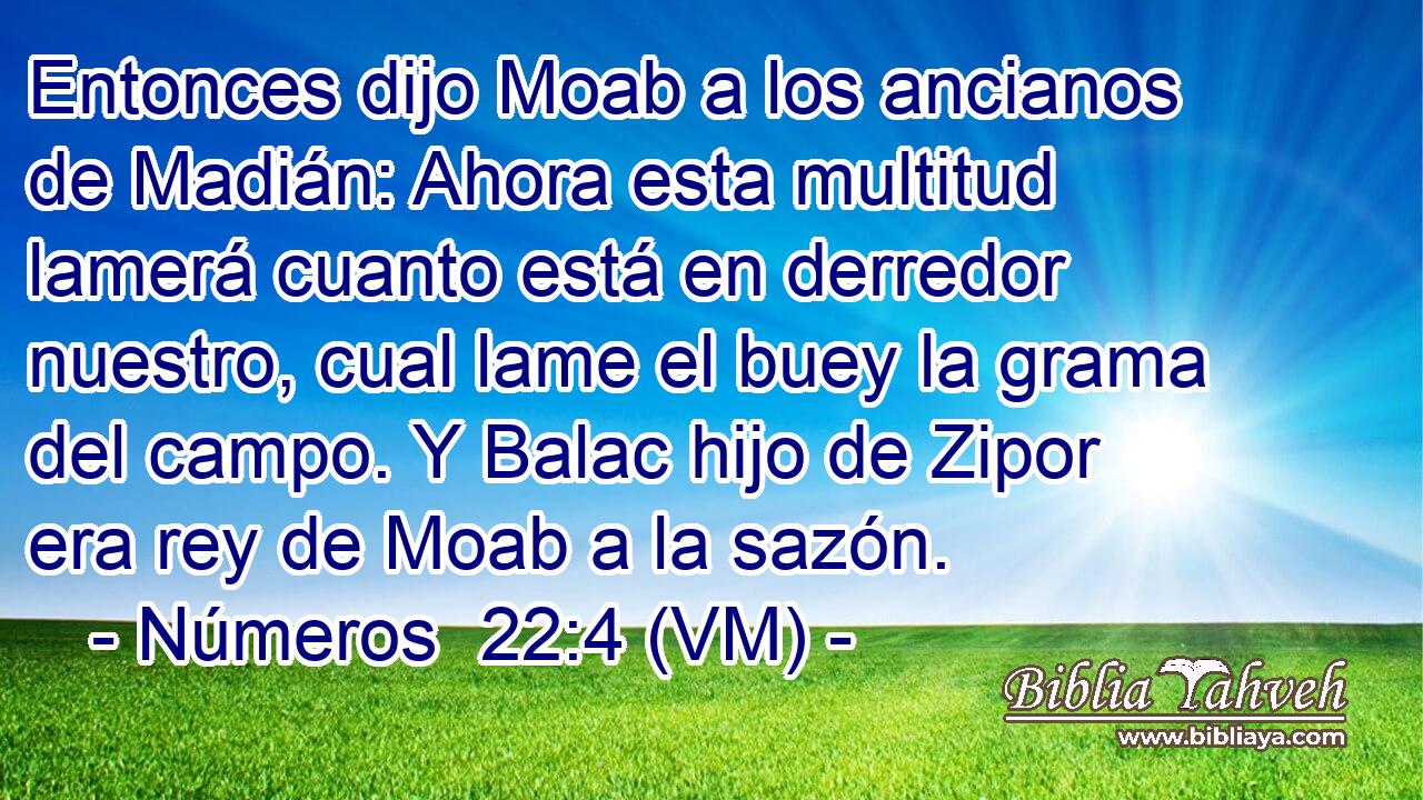  Entonces dijo Moab a los ancianos de Madián: Ahora esta multitud lamerá cuanto está en derredor nuestro, cual lame el buey la grama del campo. Y Balac hijo de Zipor era rey de Moab a la sazón. 