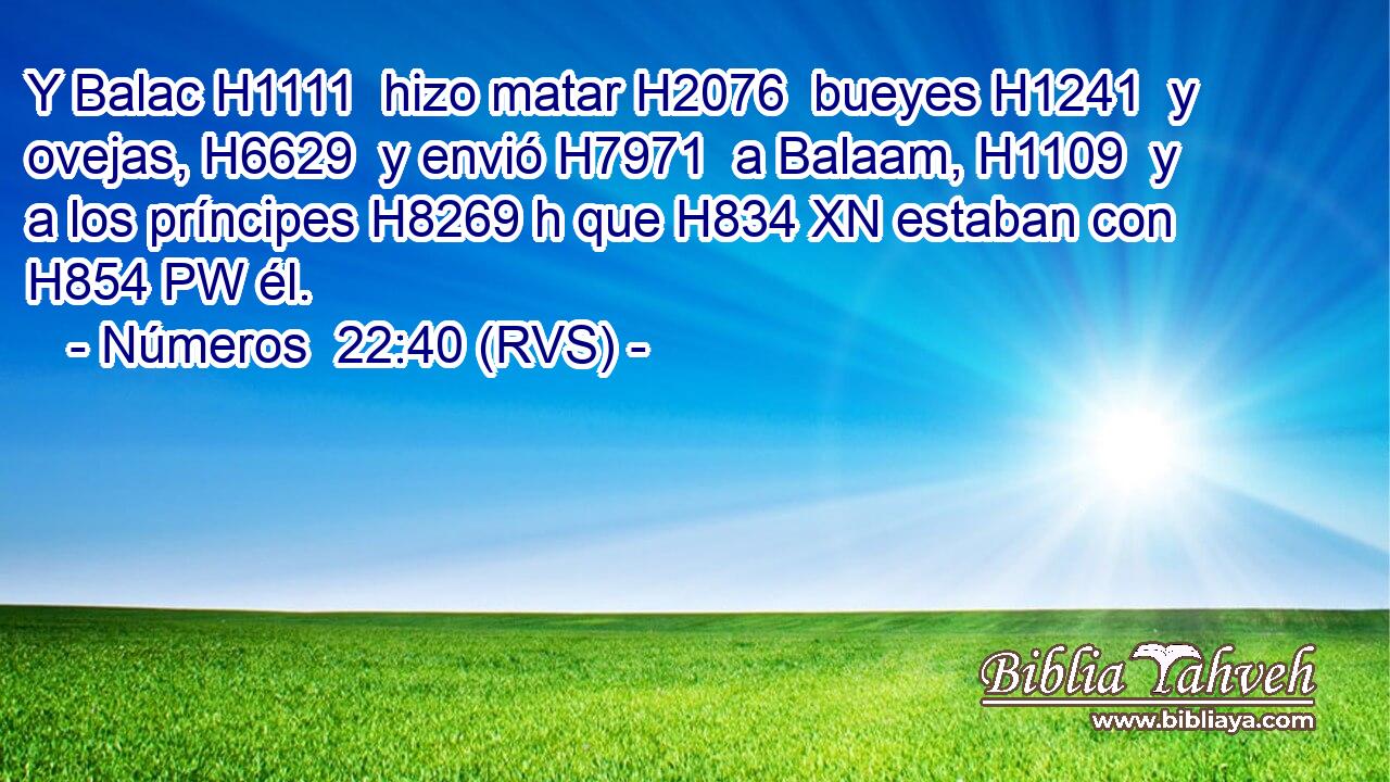 Y Balac H1111  hizo matar H2076  bueyes H1241  y ovejas, H6629  y envió H7971  a Balaam, H1109  y a los príncipes H8269 h que H834 XN estaban con H854 PW él. 