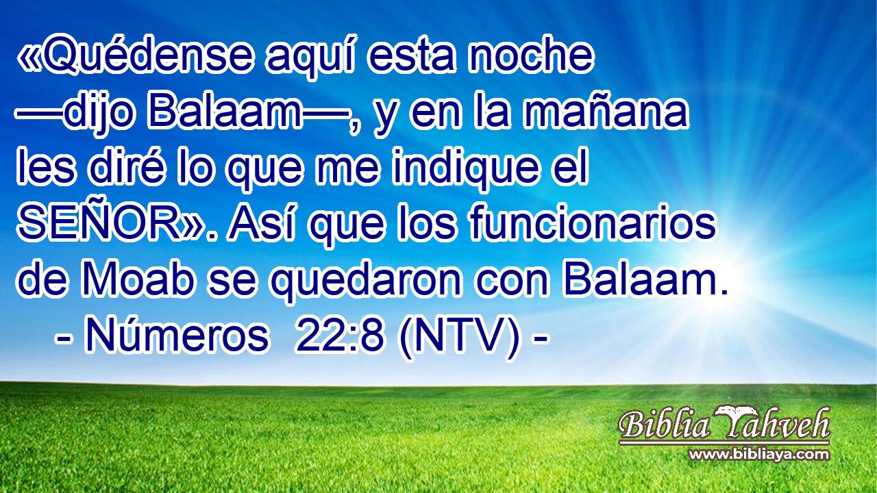 «Quédense aquí esta noche —dijo Balaam—, y en la mañana les diré lo que me indique el SEÑOR». Así que los funcionarios de Moab se quedaron con Balaam.