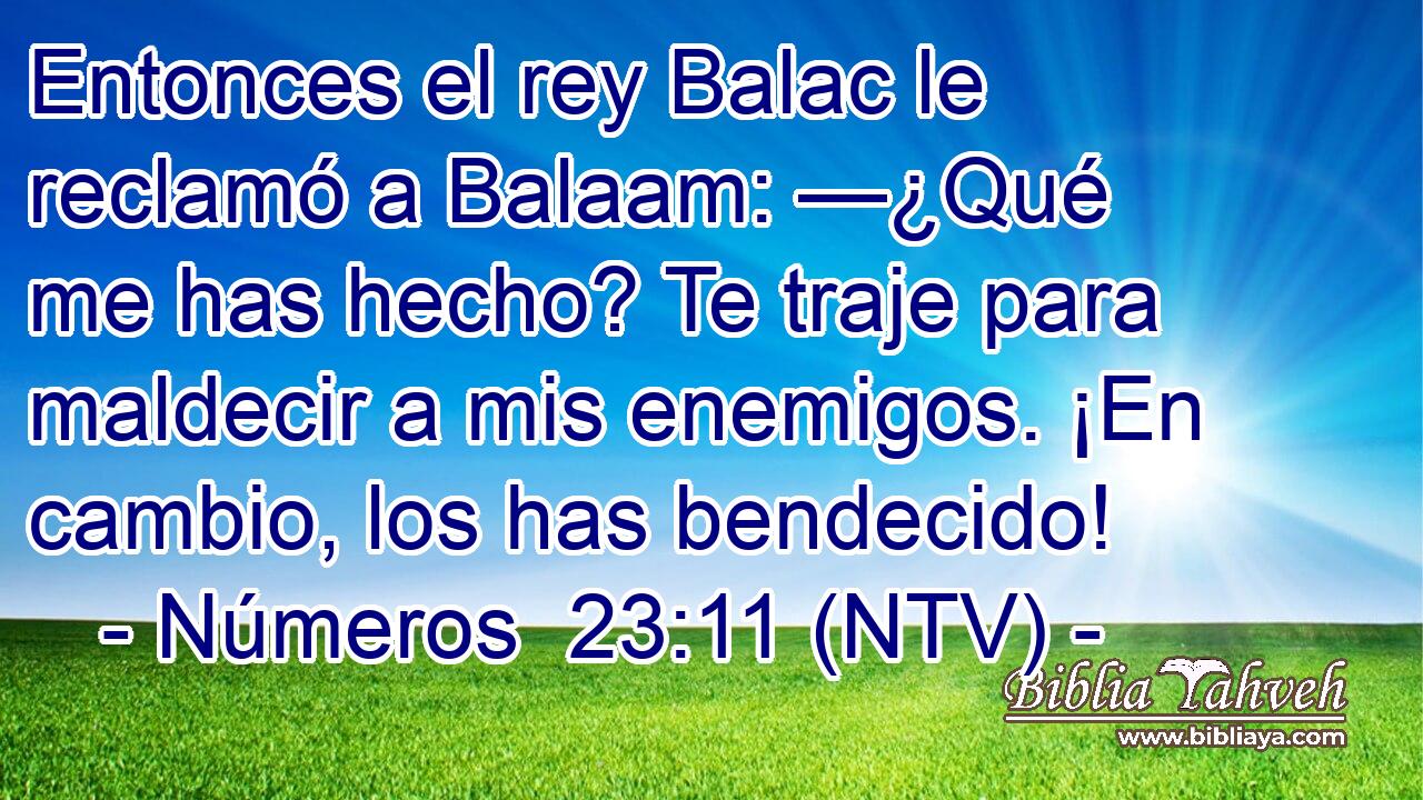 Entonces el rey Balac le reclamó a Balaam: —¿Qué me has hecho? Te traje para maldecir a mis enemigos. ¡En cambio, los has bendecido!