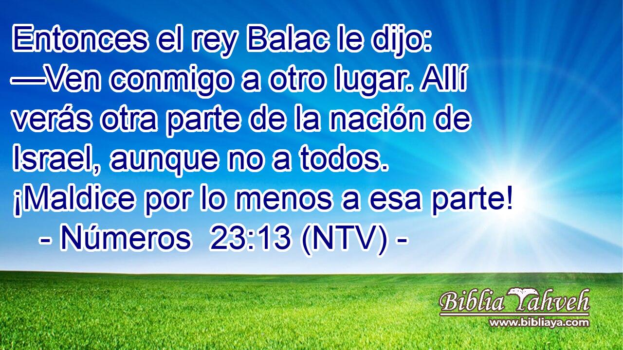 Entonces el rey Balac le dijo: —Ven conmigo a otro lugar. Allí verás otra parte de la nación de Israel, aunque no a todos. ¡Maldice por lo menos a esa parte!