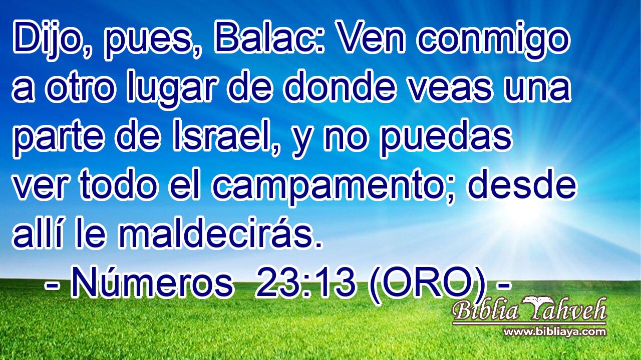  Dijo, pues, Balac: Ven conmigo a otro lugar de donde veas una parte de Israel, y no puedas ver todo el campamento; desde allí le maldecirás. 