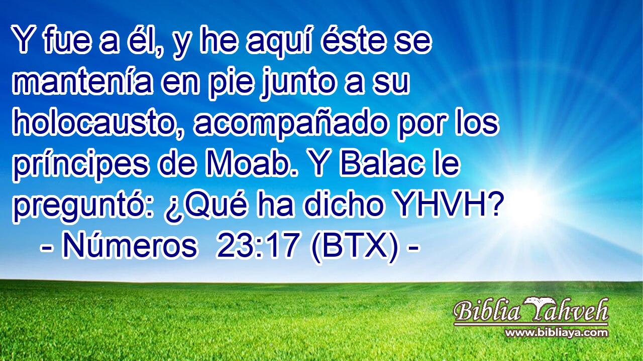 Y fue a él, y he aquí éste se mantenía en pie junto a su holocausto, acompañado por los príncipes de Moab. Y Balac le preguntó: ¿Qué ha dicho YHVH?