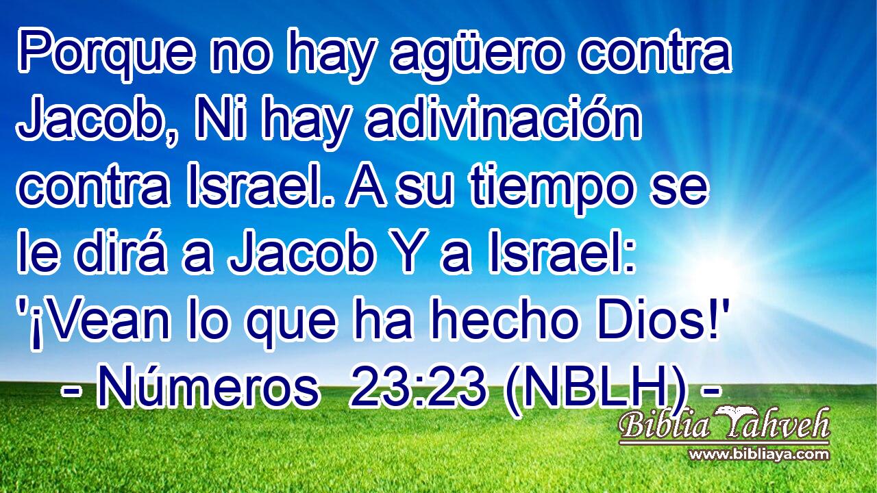  Porque no hay agüero contra Jacob, Ni hay adivinación contra Israel. A su tiempo se le dirá a Jacob Y a Israel: '¡Vean lo que ha hecho Dios!' 