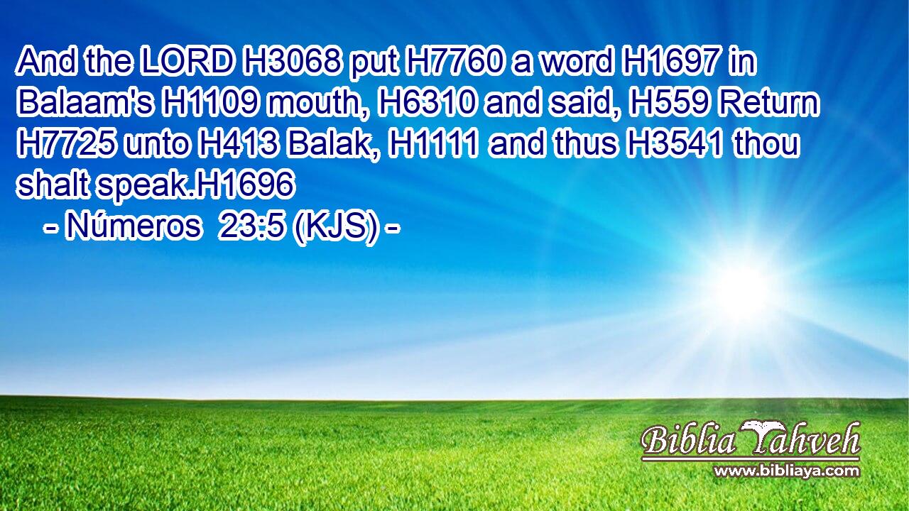 And the LORD H3068 put H7760 a word H1697 in Balaam's H1109 mouth, H6310 and said, H559 Return H7725 unto H413 Balak, H1111 and thus H3541 thou shalt speak.H1696