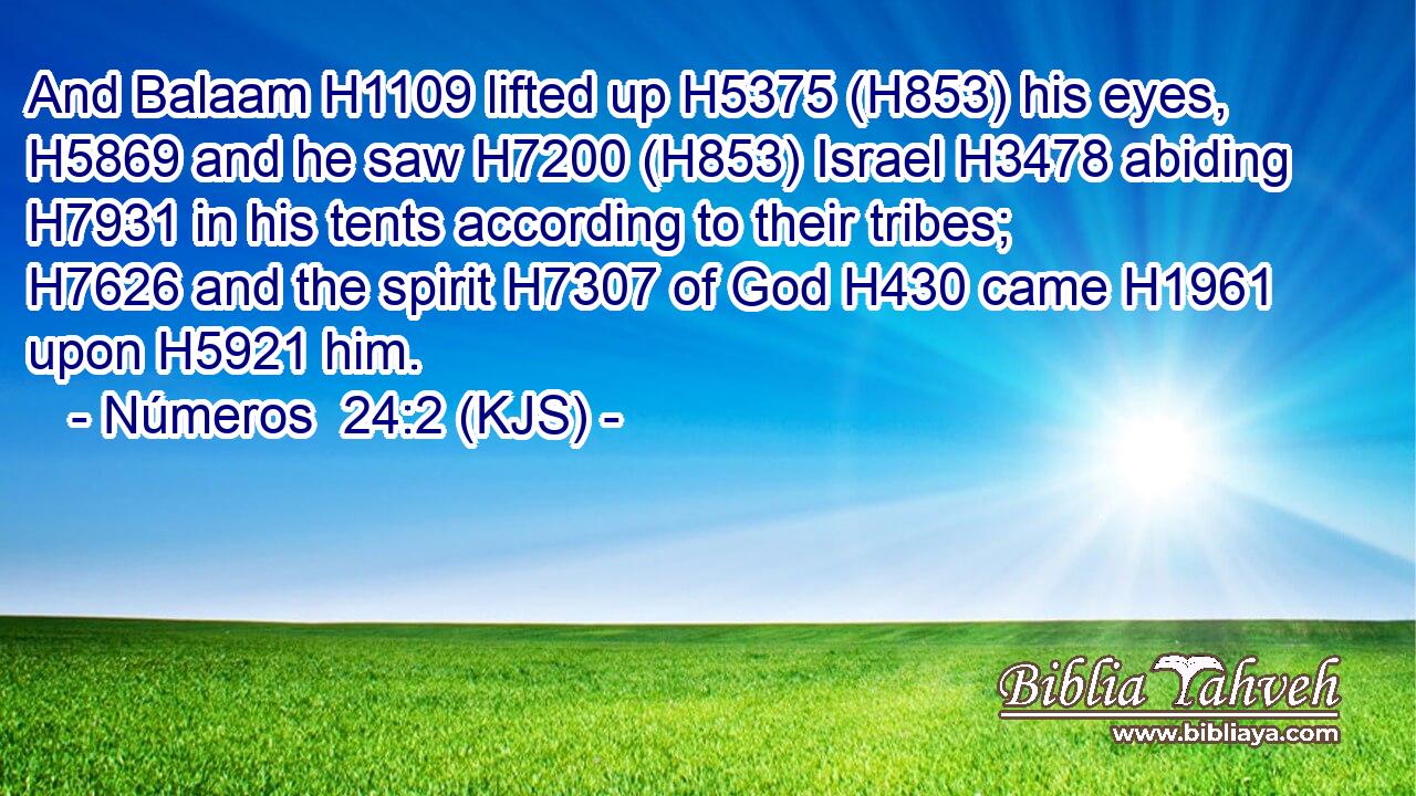 And Balaam H1109 lifted up H5375 (H853) his eyes, H5869 and he saw H7200 (H853) Israel H3478 abiding H7931 in his tents according to their tribes; H7626 and the spirit H7307 of God H430 came H1961 upon H5921 him.
