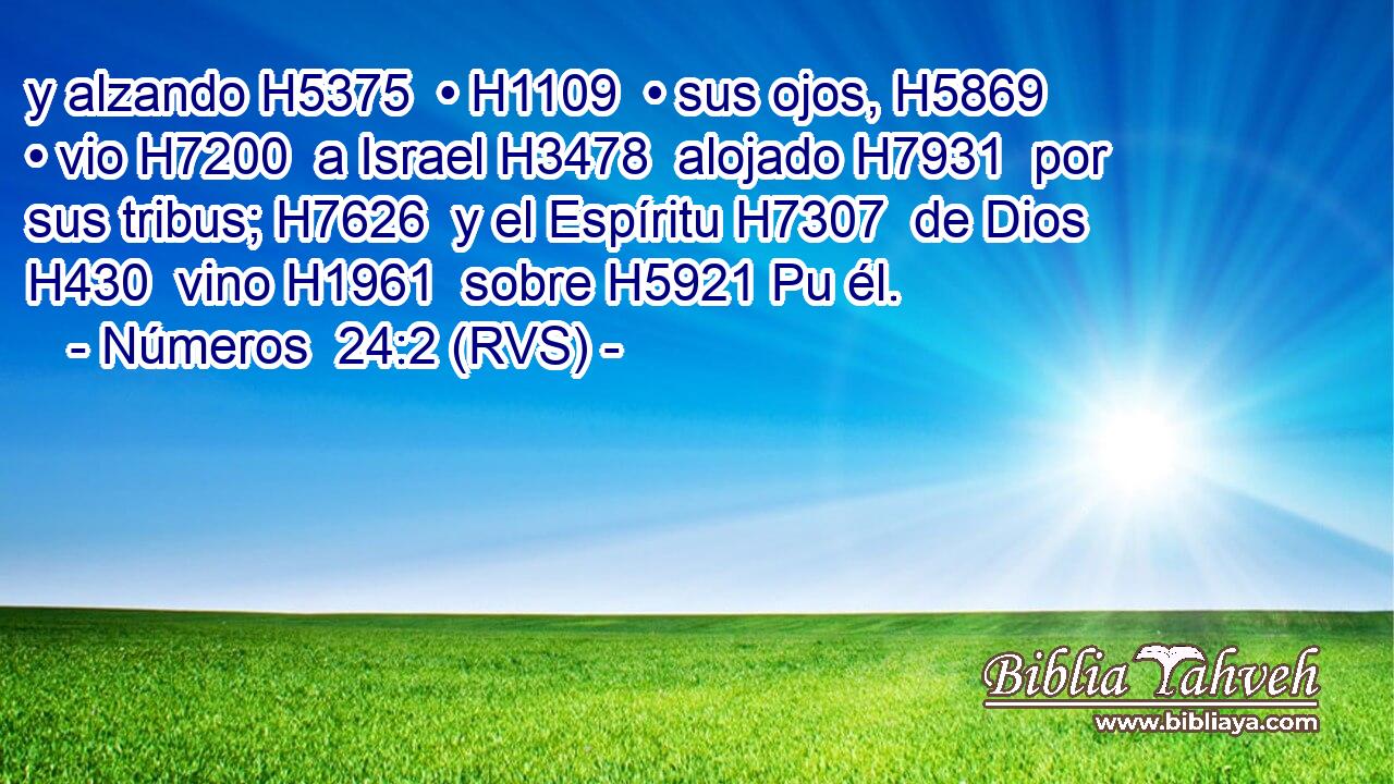 y alzando H5375  • H1109  • sus ojos, H5869  • vio H7200  a Israel H3478  alojado H7931  por sus tribus; H7626  y el Espíritu H7307  de Dios H430  vino H1961  sobre H5921 Pu él. 