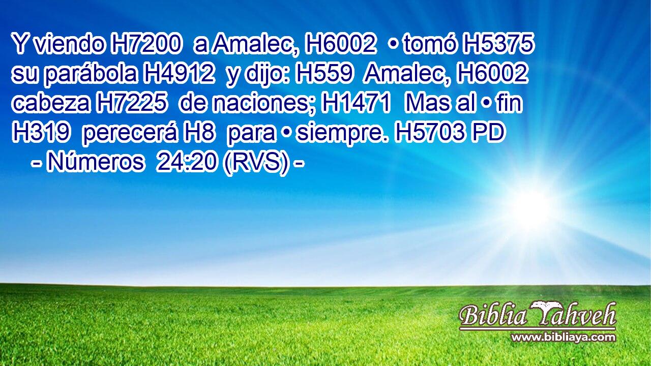 Y viendo H7200  a Amalec, H6002  • tomó H5375  su parábola H4912  y dijo: H559  Amalec, H6002  cabeza H7225  de naciones; H1471  Mas al • fin H319  perecerá H8  para • siempre. H5703 PD 