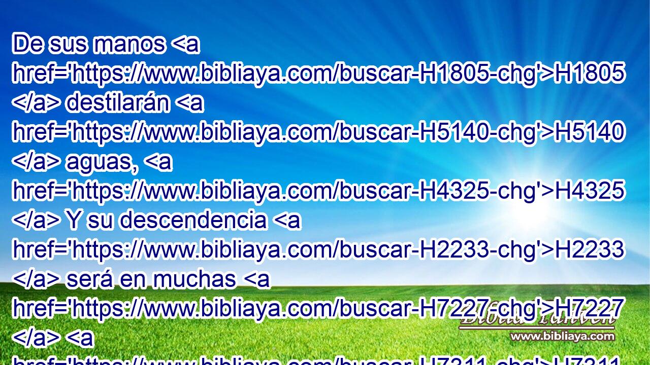 De sus manos H1805  destilarán H5140  aguas, H4325  Y su descendencia H2233  será en muchas H7227  H7311 aguas; H4325  • Enaltecerá su rey H4428  más que Agag, H90  Y su reino H4438  será engrandecido. H5375  