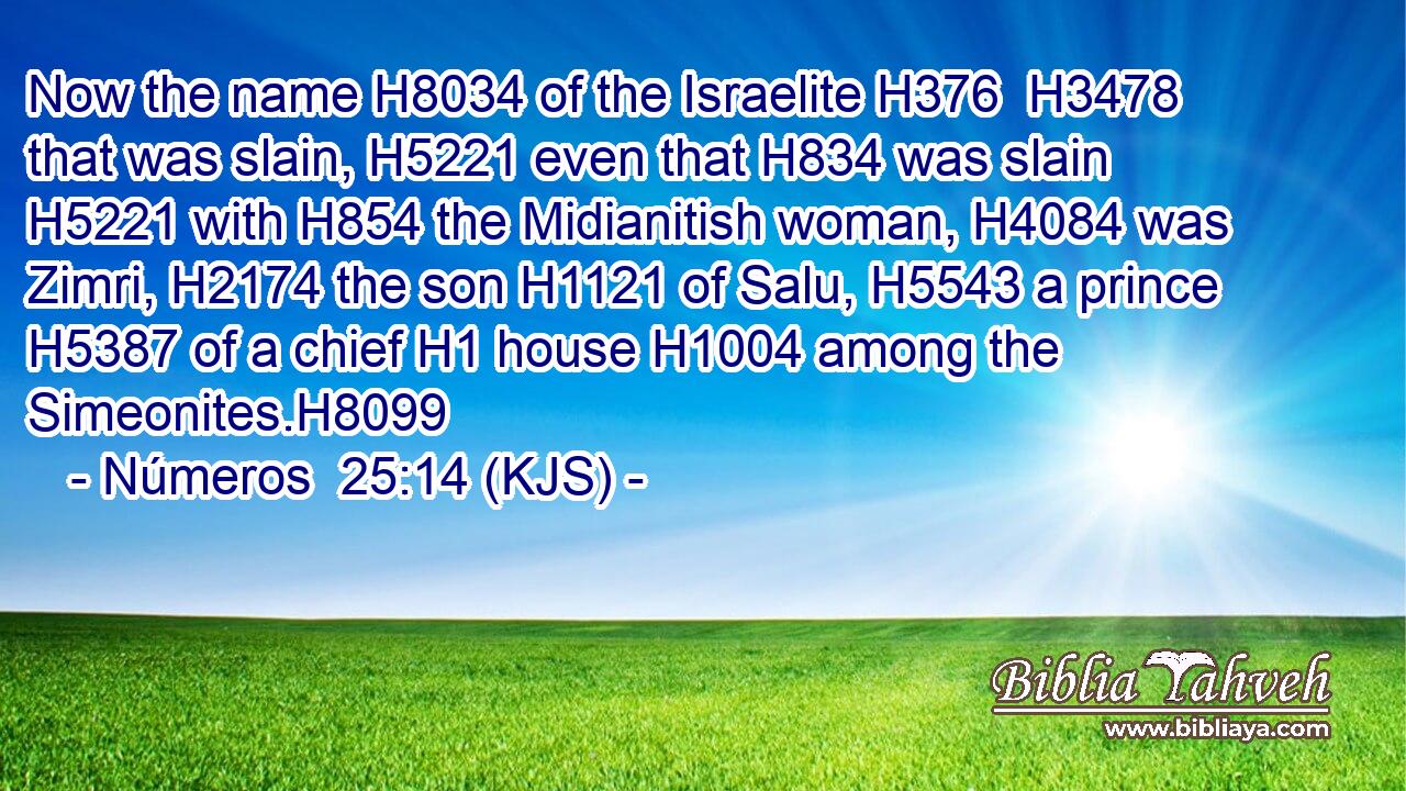 Now the name H8034 of the Israelite H376  H3478 that was slain, H5221 even that H834 was slain H5221 with H854 the Midianitish woman, H4084 was Zimri, H2174 the son H1121 of Salu, H5543 a prince H5387 of a chief H1 house H1004 among the Simeonites.H8099