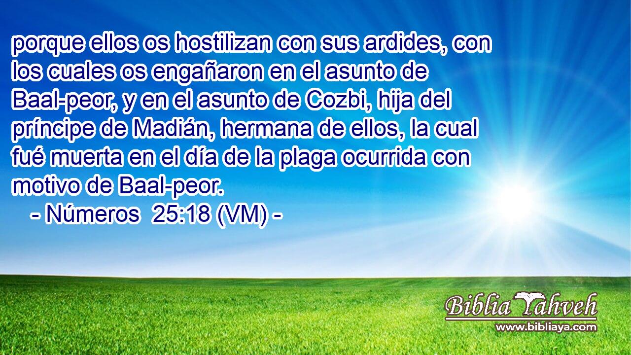  porque ellos os hostilizan con sus ardides, con los cuales os engañaron en el asunto de Baal-peor, y en el asunto de Cozbi, hija del príncipe de Madián, hermana de ellos, la cual fué muerta en el día de la plaga ocurrida con motivo de Baal-peor. 
