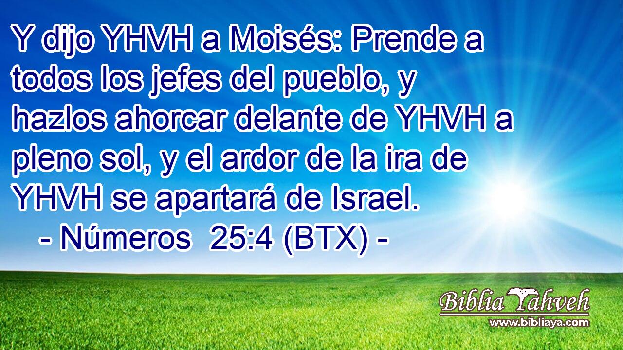 Y dijo YHVH a Moisés: Prende a todos los jefes del pueblo, y hazlos ahorcar delante de YHVH a pleno sol, y el ardor de la ira de YHVH se apartará de Israel.