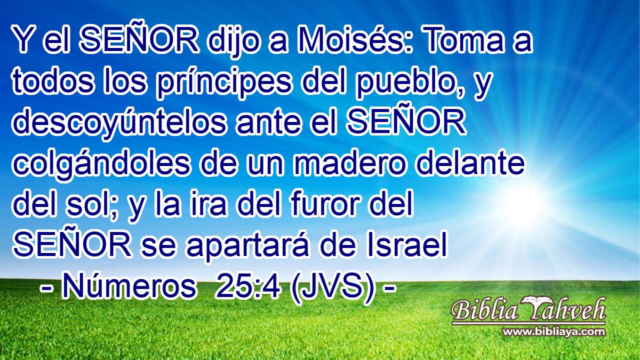 Y el SEÑOR dijo a Moisés: Toma a todos los príncipes del pueblo, y descoyúntelos ante el SEÑOR colgándoles de un madero delante del sol; y la ira del furor del SEÑOR se apartará de Israel