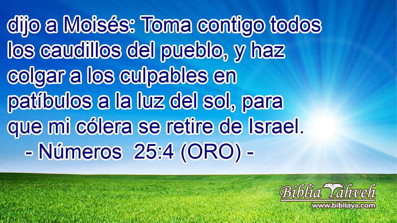  dijo a Moisés: Toma contigo todos los caudillos del pueblo, y haz colgar a los culpables en patíbulos a la luz del sol, para que mi cólera se retire de Israel. 