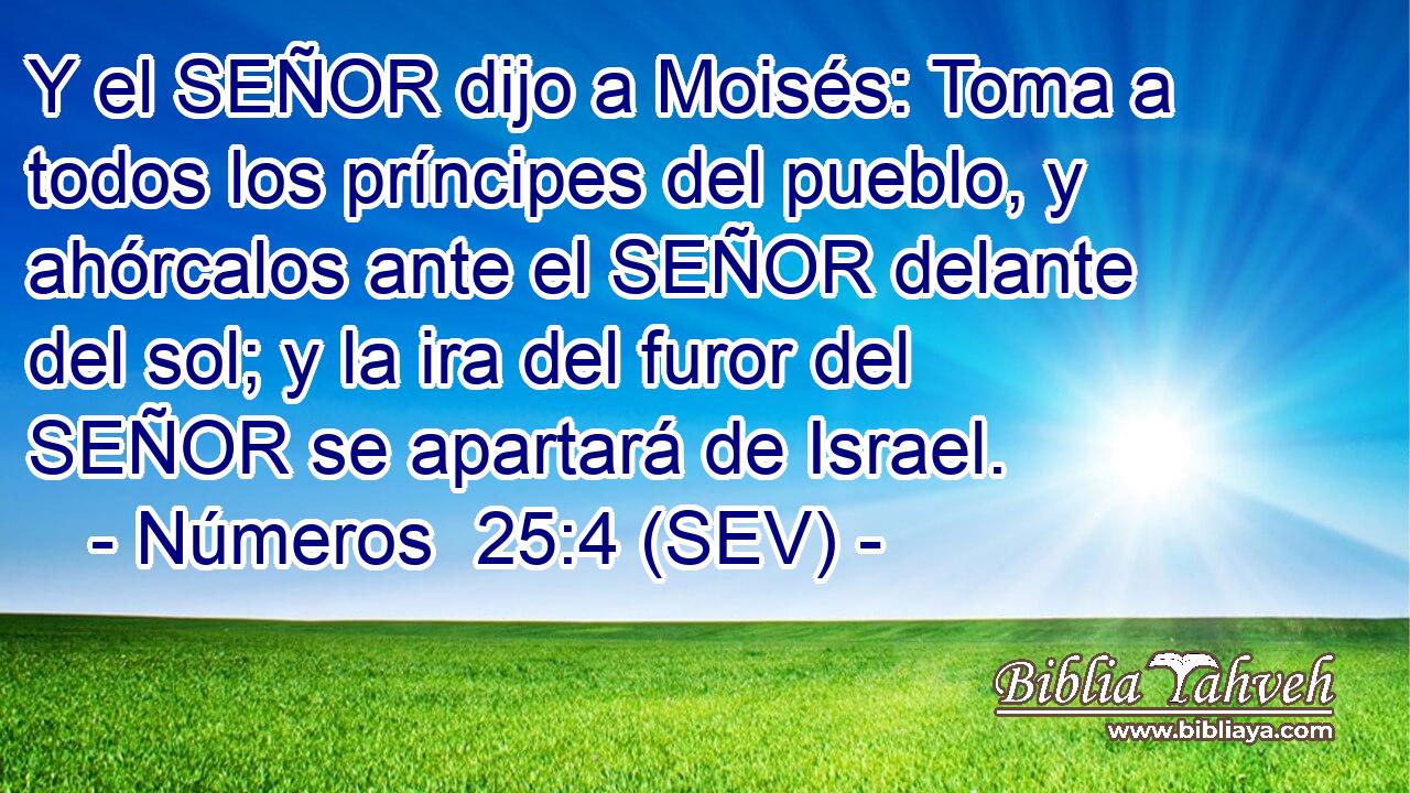 Y el SEÑOR dijo a Moisés: Toma a todos los príncipes del pueblo, y ahórcalos ante el SEÑOR delante del sol; y la ira del furor del SEÑOR se apartará de Israel.