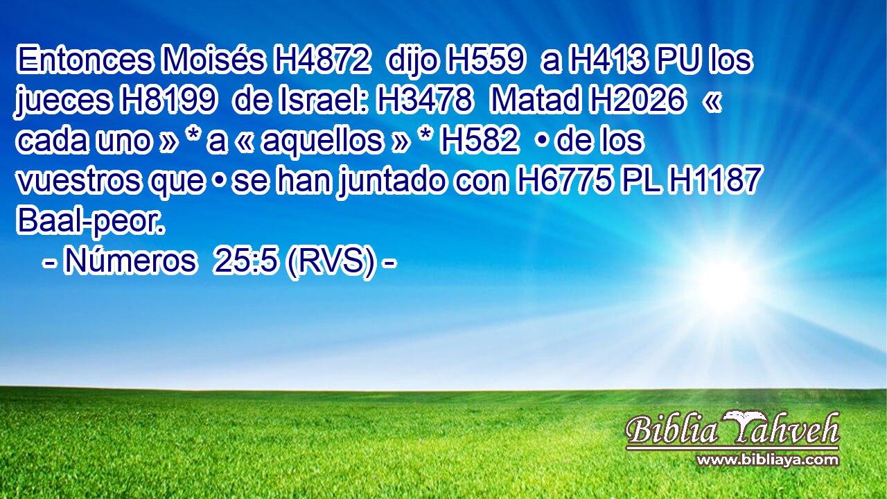 Entonces Moisés H4872  dijo H559  a H413 PU los jueces H8199  de Israel: H3478  Matad H2026  « cada uno » * a « aquellos » * H582  • de los vuestros que • se han juntado con H6775 PL H1187 Baal-peor. 