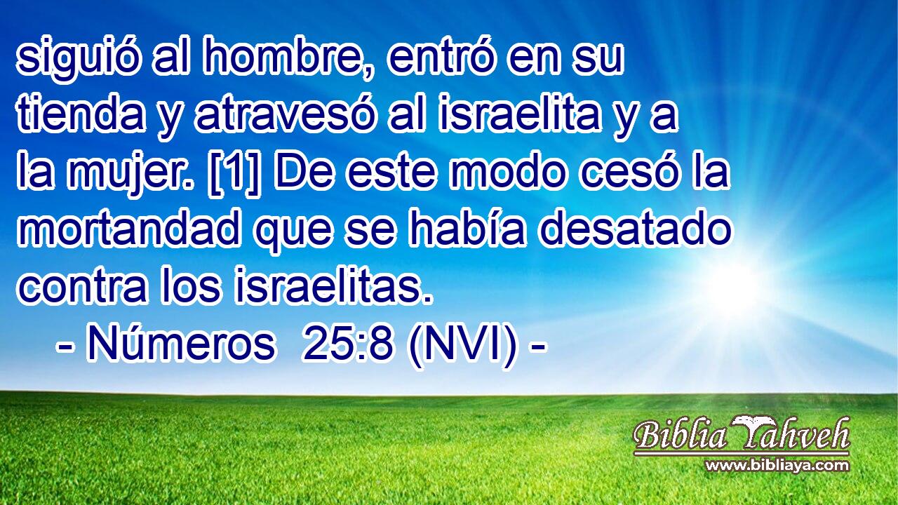  siguió al hombre, entró en su tienda y atravesó al israelita y a la mujer. [1] De este modo cesó la mortandad que se había desatado contra los israelitas. 