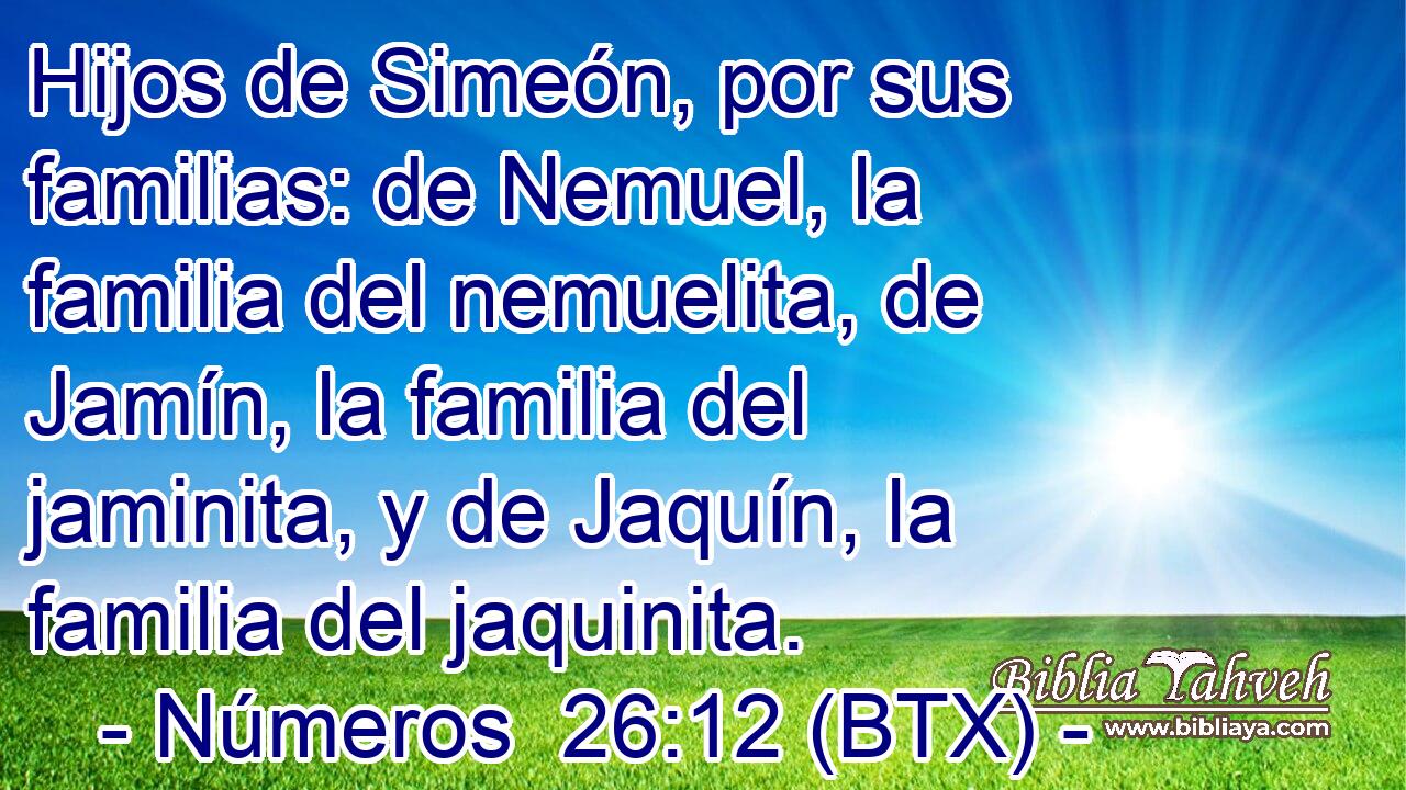 Hijos de Simeón, por sus familias: de Nemuel, la familia del nemuelita, de Jamín, la familia del jaminita, y de Jaquín, la familia del jaquinita.