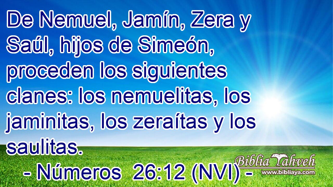  De Nemuel, Jamín, Zera y Saúl, hijos de Simeón, proceden los siguientes clanes: los nemuelitas, los jaminitas, los zeraítas y los saulitas. 