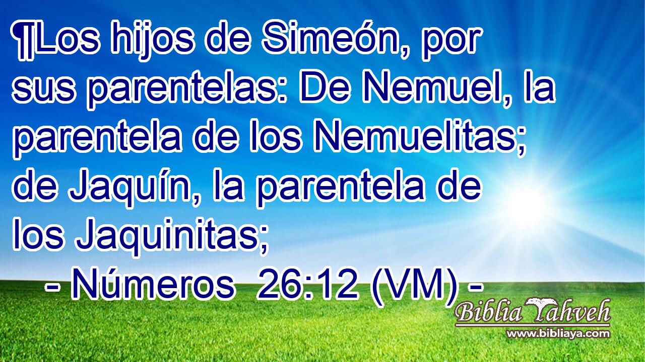  ¶Los hijos de Simeón, por sus parentelas: De Nemuel, la parentela de los Nemuelitas; de Jaquín, la parentela de los Jaquinitas; 