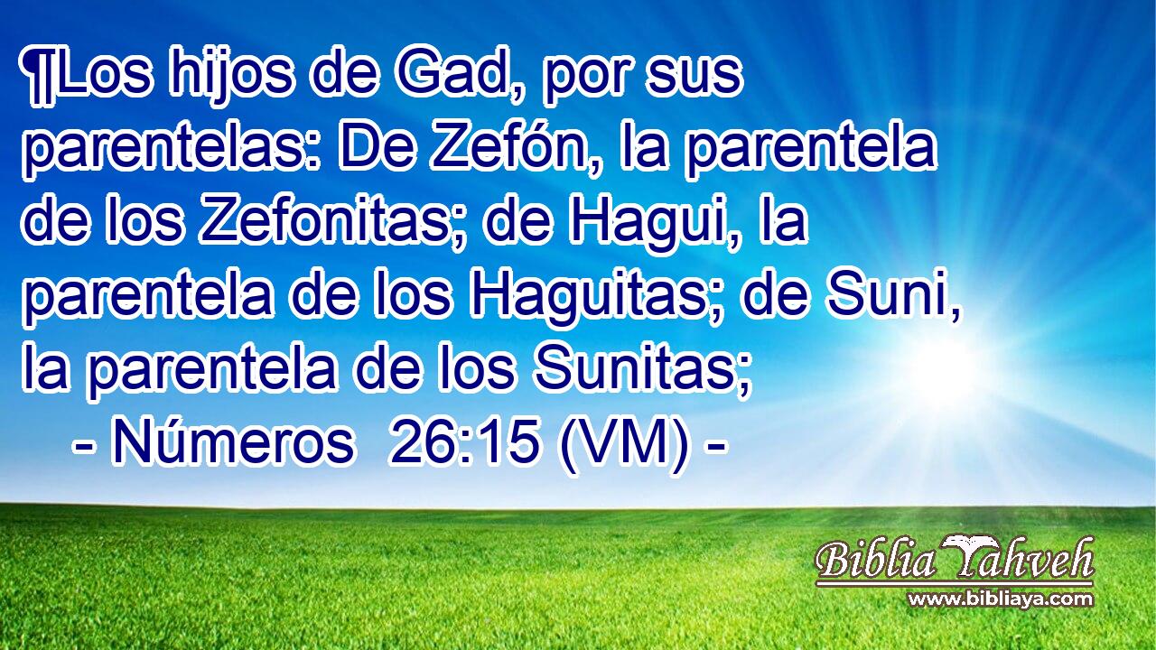  ¶Los hijos de Gad, por sus parentelas: De Zefón, la parentela de los Zefonitas; de Hagui, la parentela de los Haguitas; de Suni, la parentela de los Sunitas; 