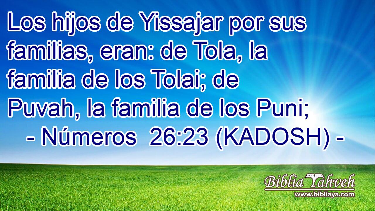 Los hijos de Yissajar por sus familias, eran: de Tola, la familia de los Tolai; de Puvah, la familia de los Puni; 