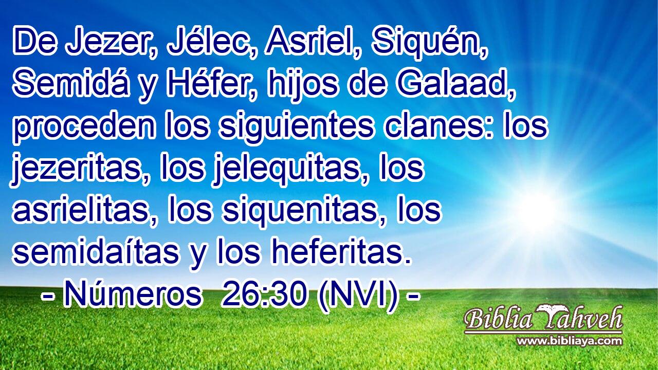 De Jezer, Jélec, Asriel, Siquén, Semidá y Héfer, hijos de Galaad, proceden los siguientes clanes: los jezeritas, los jelequitas, los asrielitas, los siquenitas, los semidaítas y los heferitas. 