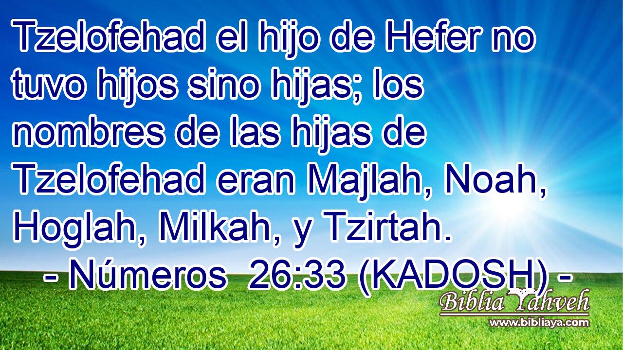  Tzelofehad el hijo de Hefer no tuvo hijos sino hijas; los nombres de las hijas de Tzelofehad eran Majlah, Noah, Hoglah, Milkah, y Tzirtah. 
