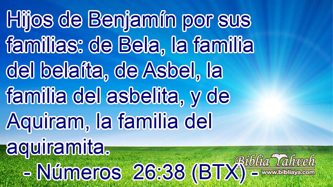 Hijos de Benjamín por sus familias: de Bela, la familia del belaíta, de Asbel, la familia del asbelita, y de Aquiram, la familia del aquiramita.