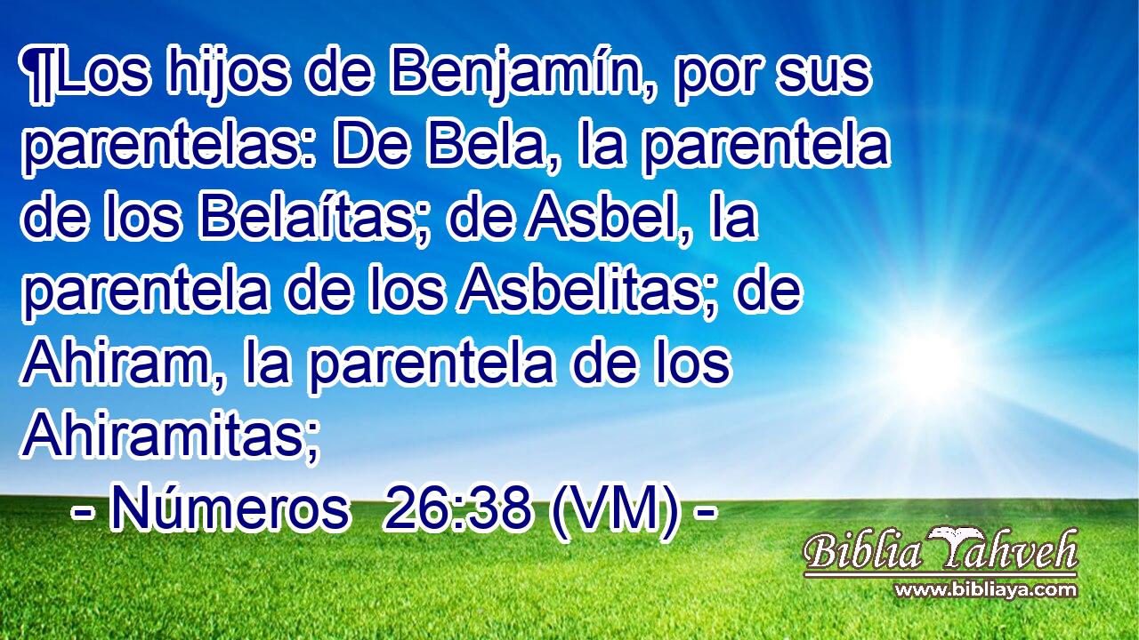  ¶Los hijos de Benjamín, por sus parentelas: De Bela, la parentela de los Belaítas; de Asbel, la parentela de los Asbelitas; de Ahiram, la parentela de los Ahiramitas; 