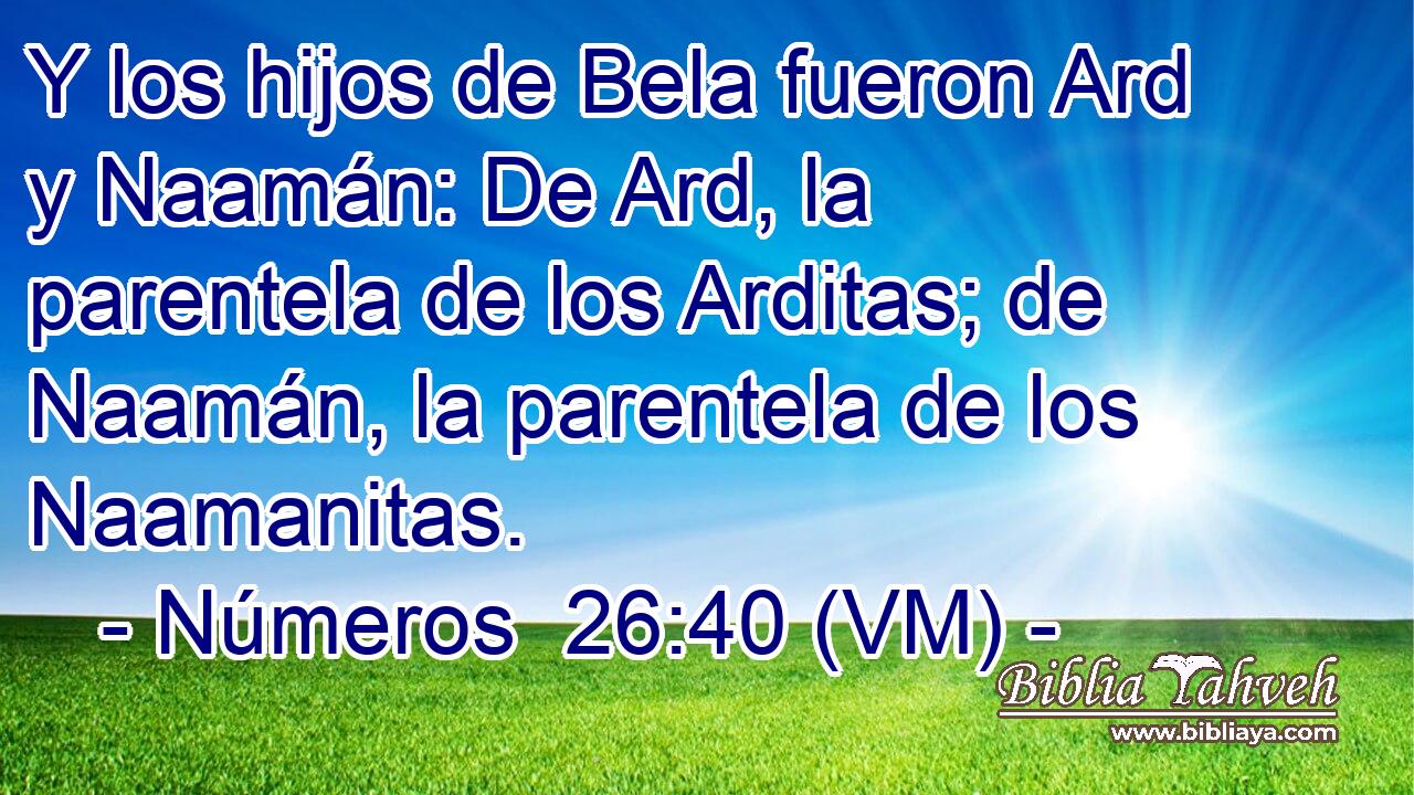  Y los hijos de Bela fueron Ard y Naamán: De Ard, la parentela de los Arditas; de Naamán, la parentela de los Naamanitas. 