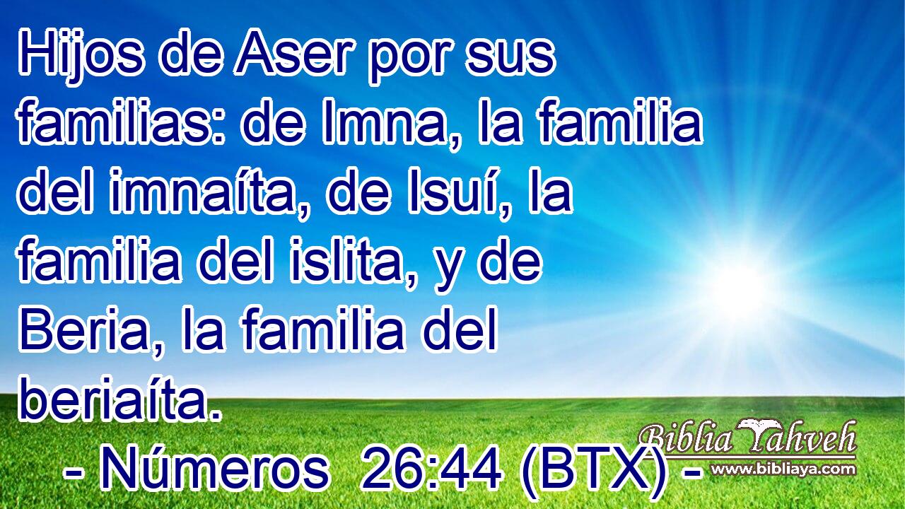 Hijos de Aser por sus familias: de Imna, la familia del imnaíta, de Isuí, la familia del islita, y de Beria, la familia del beriaíta.