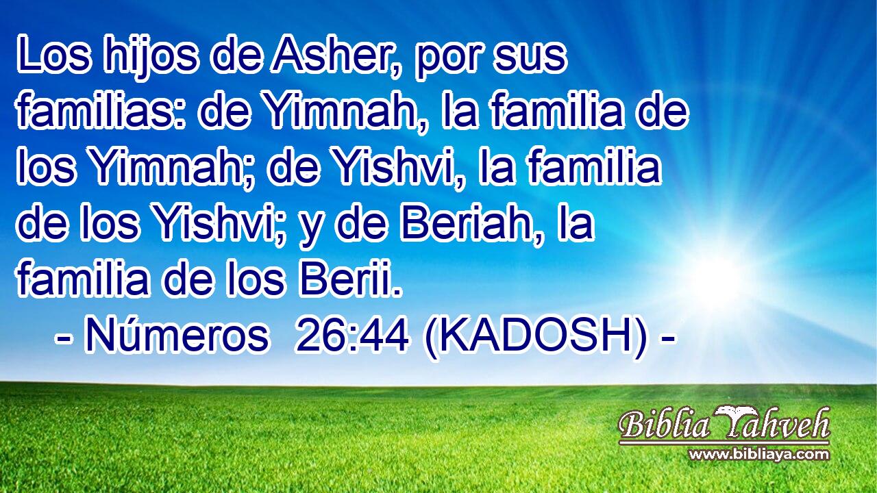  Los hijos de Asher, por sus familias: de Yimnah, la familia de los Yimnah; de Yishvi, la familia de los Yishvi; y de Beriah, la familia de los Berii. 