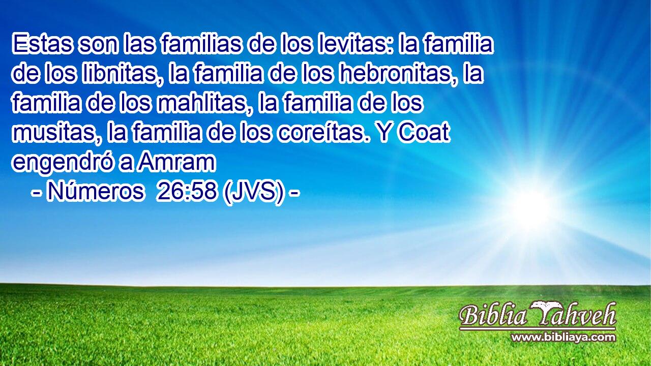 Estas son las familias de los levitas: la familia de los libnitas, la familia de los hebronitas, la familia de los mahlitas, la familia de los musitas, la familia de los coreítas. Y Coat engendró a Amram