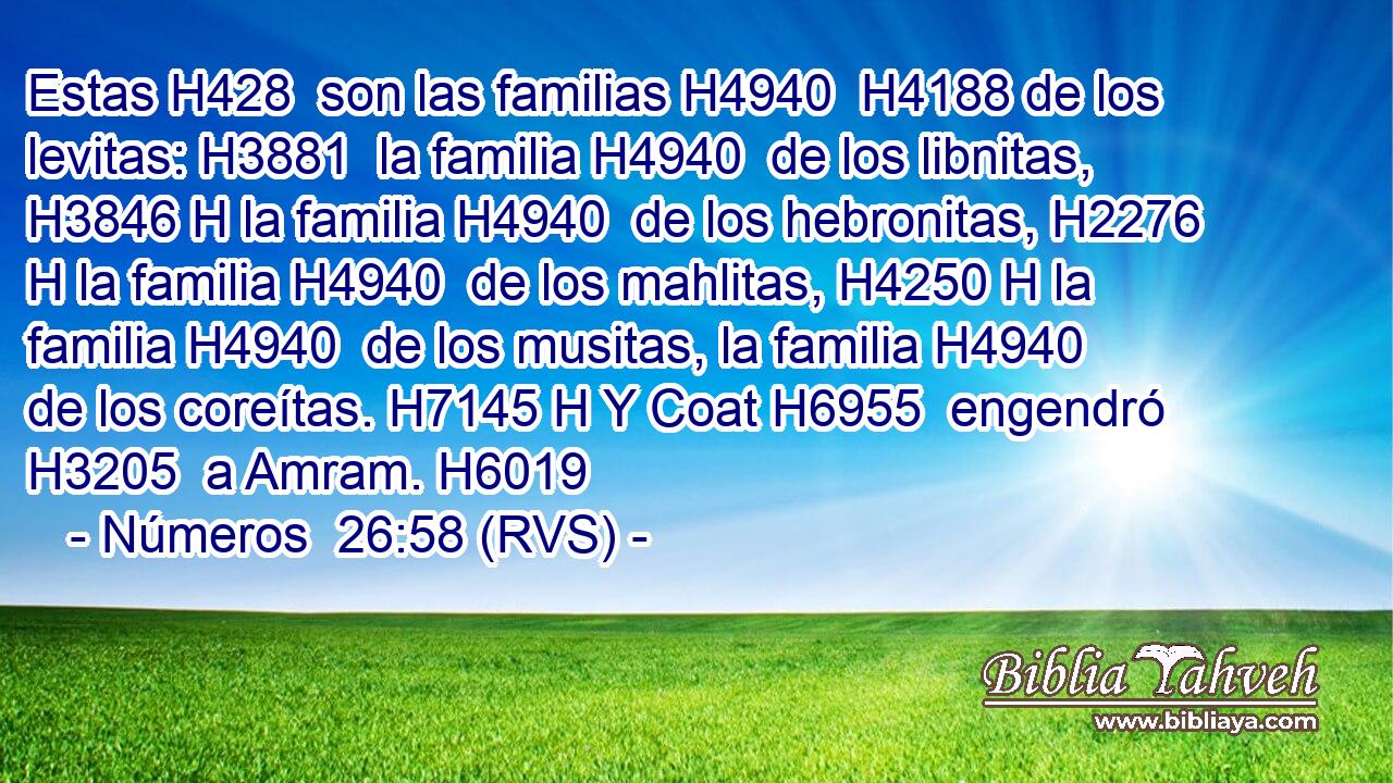 Estas H428  son las familias H4940  H4188 de los levitas: H3881  la familia H4940  de los libnitas, H3846 H la familia H4940  de los hebronitas, H2276 H la familia H4940  de los mahlitas, H4250 H la familia H4940  de los musitas, la familia H4940  de los coreítas. H7145 H Y Coat H6955  engendró H3205  a Amram. H6019  