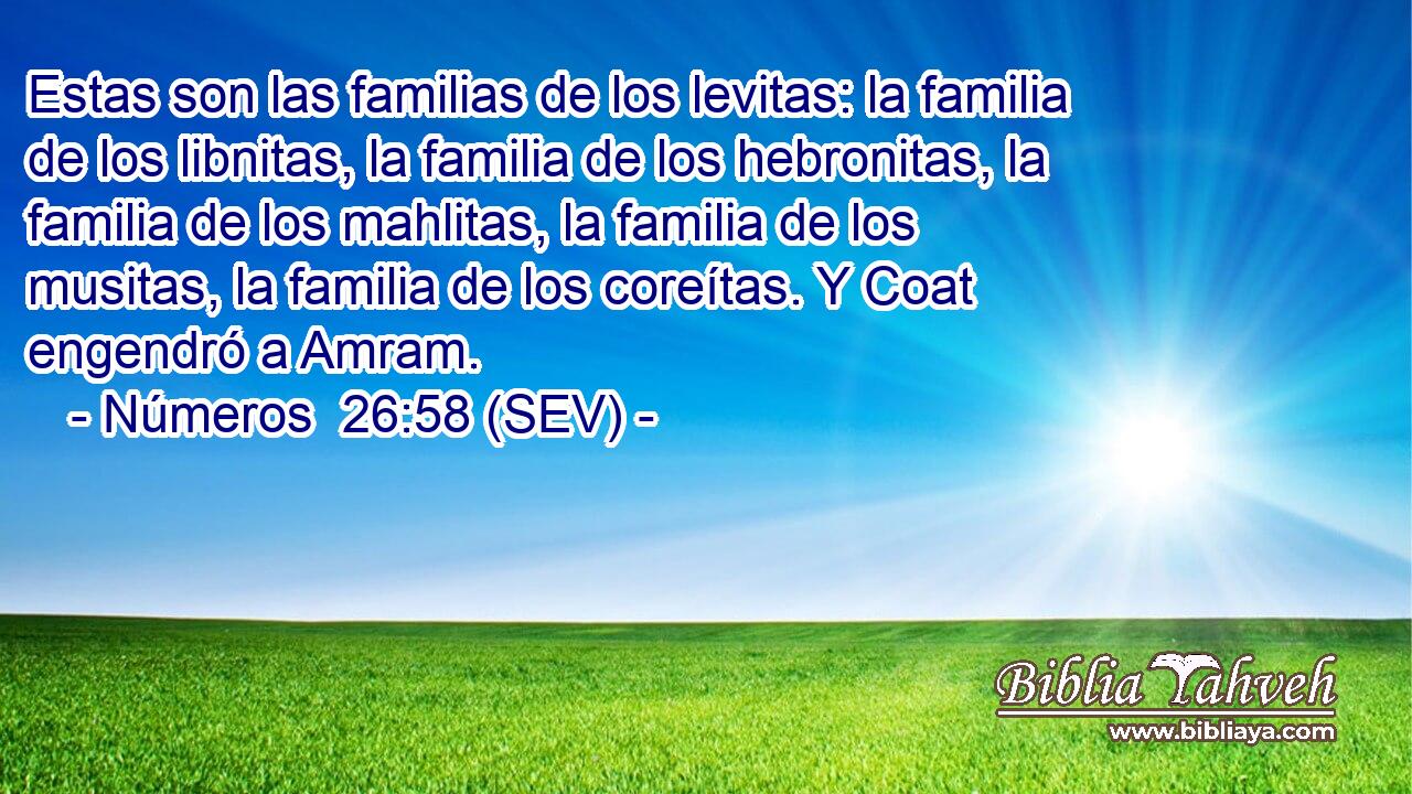 Estas son las familias de los levitas: la familia de los libnitas, la familia de los hebronitas, la familia de los mahlitas, la familia de los musitas, la familia de los coreítas. Y Coat engendró a Amram.
