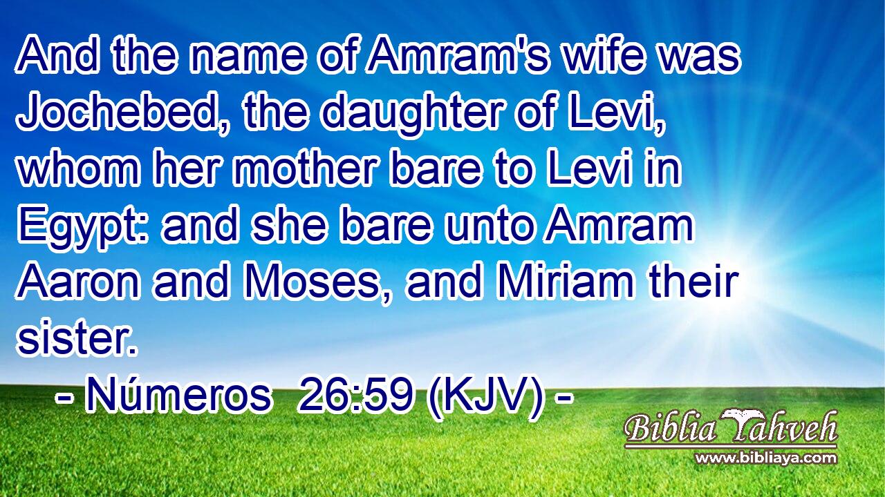 And the name of Amram's wife was Jochebed, the daughter of Levi, whom her mother bare to Levi in Egypt: and she bare unto Amram Aaron and Moses, and Miriam their sister.
