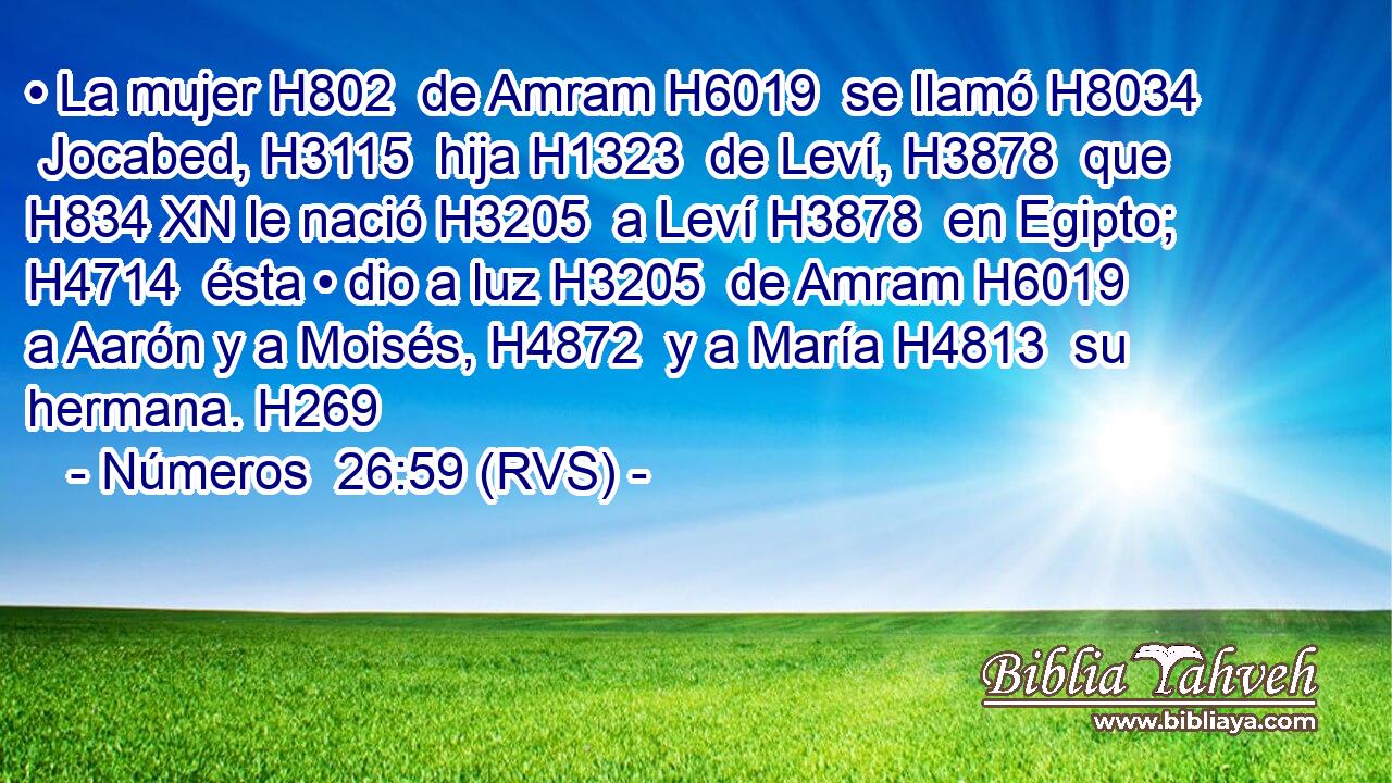 • La mujer H802  de Amram H6019  se llamó H8034  Jocabed, H3115  hija H1323  de Leví, H3878  que H834 XN le nació H3205  a Leví H3878  en Egipto; H4714  ésta • dio a luz H3205  de Amram H6019  a Aarón y a Moisés, H4872  y a María H4813  su hermana. H269  