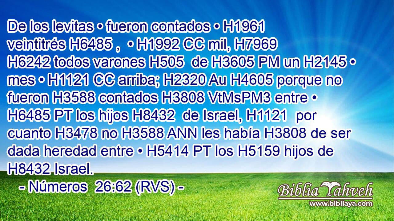De los levitas • fueron contados • H1961  veintitrés H6485 ,  • H1992 CC mil, H7969  H6242 todos varones H505  de H3605 PM un H2145 • mes • H1121 CC arriba; H2320 Au H4605 porque no fueron H3588 contados H3808 VtMsPM3 entre • H6485 PT los hijos H8432  de Israel, H1121  por cuanto H3478 no H3588 ANN les había H3808 de ser dada heredad entre • H5414 PT los H5159 hijos de H8432 Israel. 